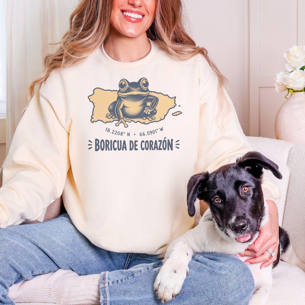 Boricua de Corazón Coqui on Puerto Rico Map Sweatshirt